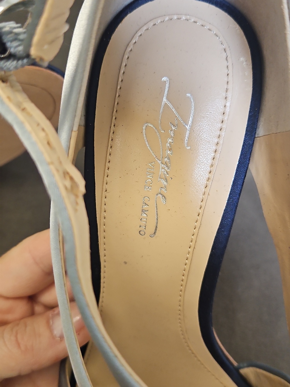 Size 8.5 Ice Blue Combo w/ Navy Satin Strappy 3.25" Heels, Vince Camuto - Picture 11 of 12